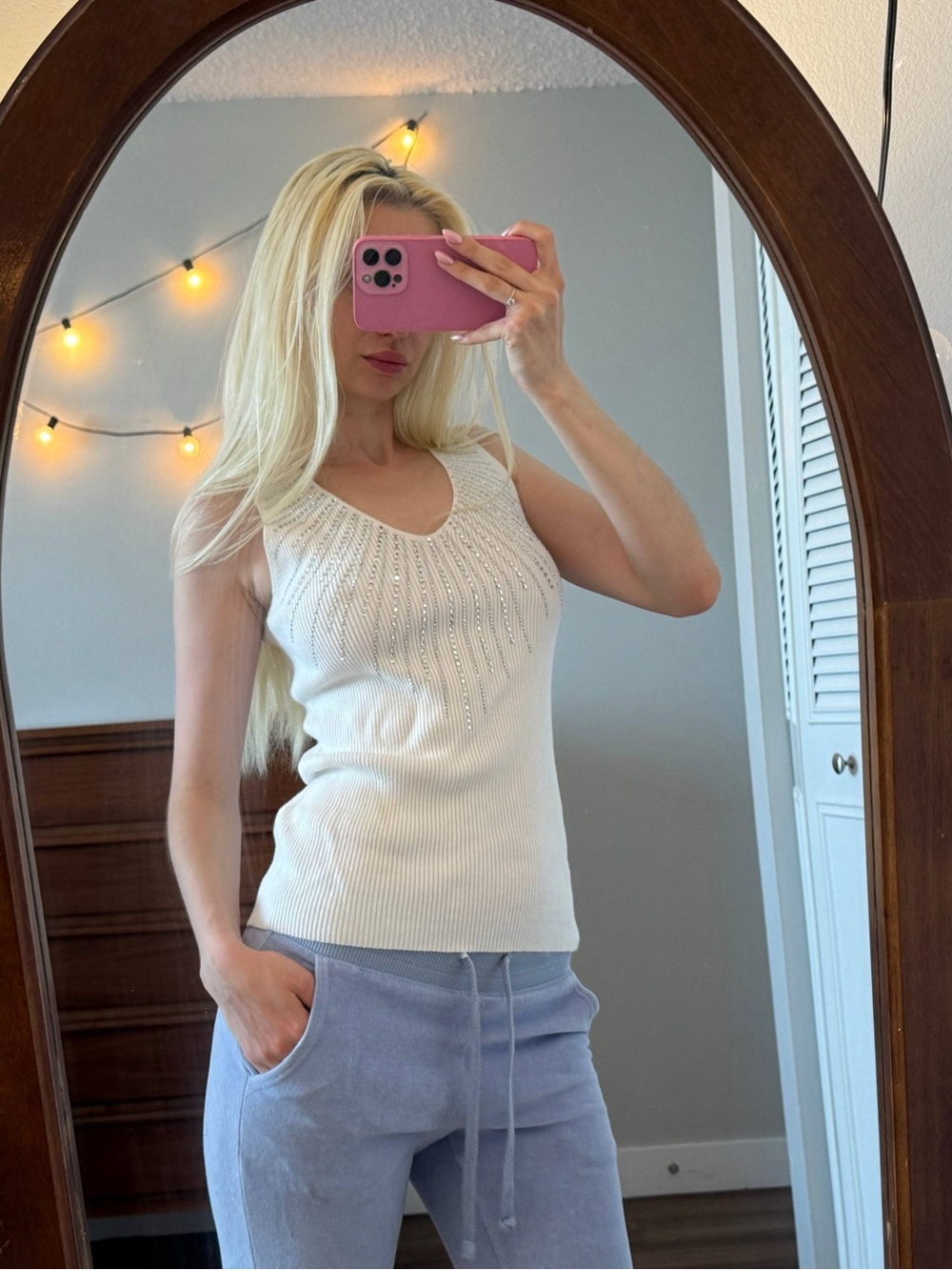 Cream Knit Tank Top with Subtle Rhinestone Detail